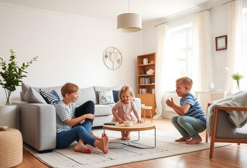Familj som leker i ett ljust vardagsrum