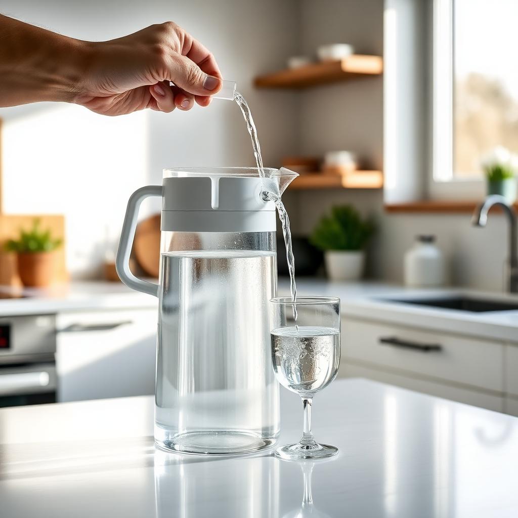 Glasflaska och glas med kristallklart vatten i ett ljust kök